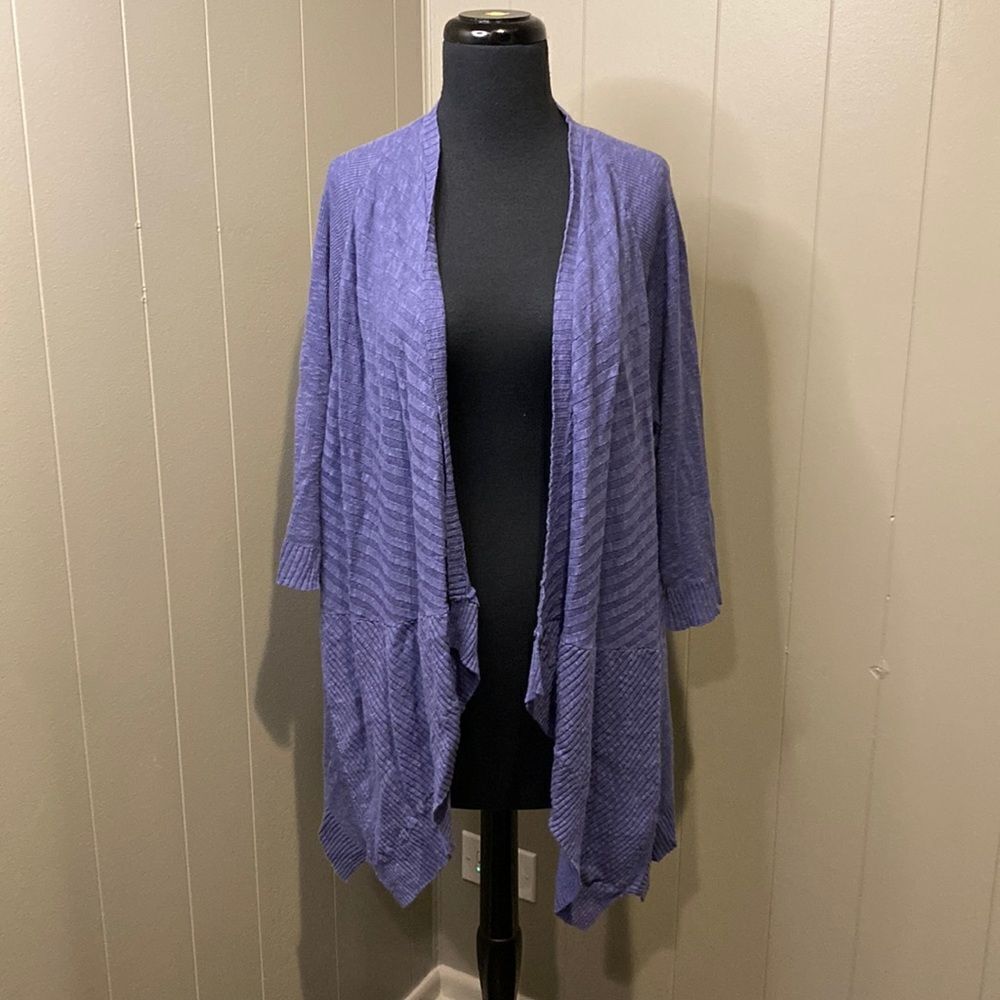 Eileen Fisher Steel Blue Linen Open Front Wrap Lagenlook Knit Cardigan 1X(16)